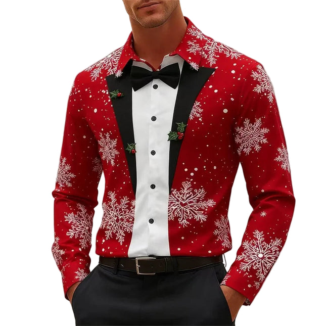 Jule Skjorte for Menn – Langermet Skjorte med Sløyfe og Snøfnuggmønster | Festlig og Komfortabel Skjorte til Jul og Nyttår