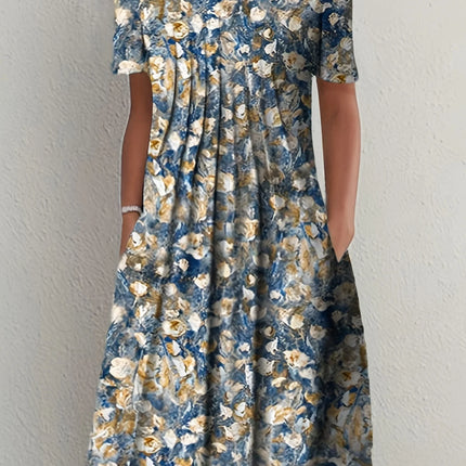 Elegant Sommerkjole med Vidt Skjørt – Rund Hals og Kort Erm med Blomsterprint (2024 Nyhet)