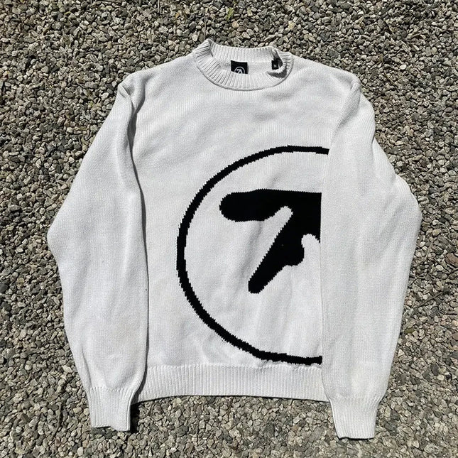 Y2K Aphex Twin Genser for Menn – Oversized Strikkegenser med Grafisk Mønster | Vintage Streetwear & Gotisk Stil