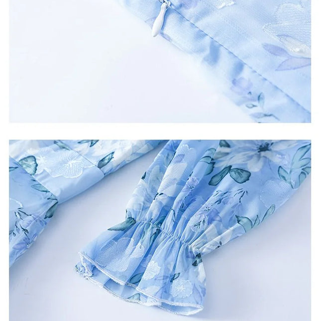 Lang Chiffon Kjole med Blomster – Vårens Elegante V-utringede Kjole med Markert Midje