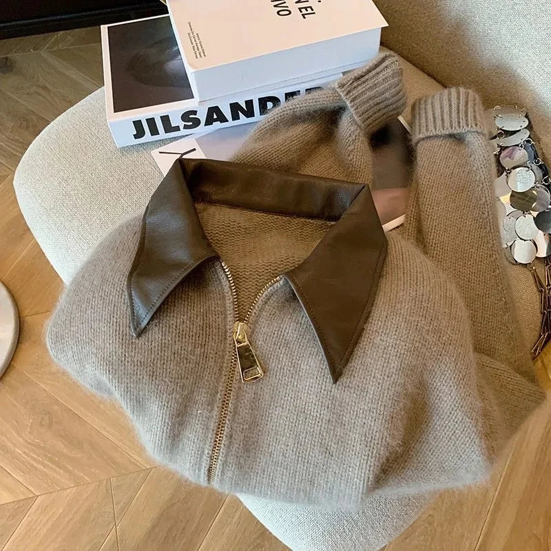 Strikket cardigan med polokrage – langermet, løs passform (dame)