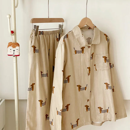 Pysjamasett i 100% Bomull med Søt Pølsehund-Print – 2-delt (Langermet Topp + Hel-Lang Bukse) | Vår/Høst