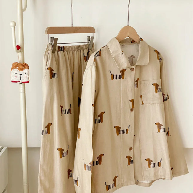 Pysjamasett i 100% Bomull med Søt Pølsehund-Print – 2-delt (Langermet Topp + Hel-Lang Bukse) | Vår/Høst