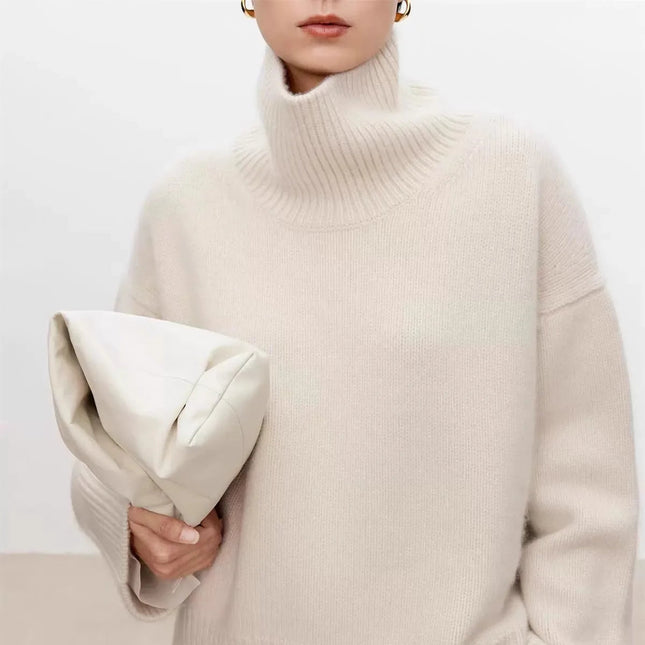 Tykk Høyhalset Kasjmirgenser for Kvinner – 100% Ren Kasjmir | Myk, Løs og Elegant Strikkegenser i Europeisk Stil