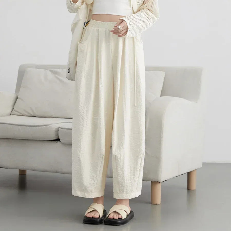 Hvite Vide Bukser for Dame – Høyt Liv, Elastisk Midje & Elegant Plisserte Sommerbukser 2025