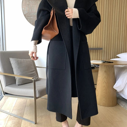 Vintage Elegant Cashmere Kåpe til Dame – Dobbelsidig Ullkåpe med Hette