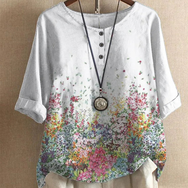 Etnisk Vintage-Print Bluse – Løs Passform, O-hals og Halvlange Ermer