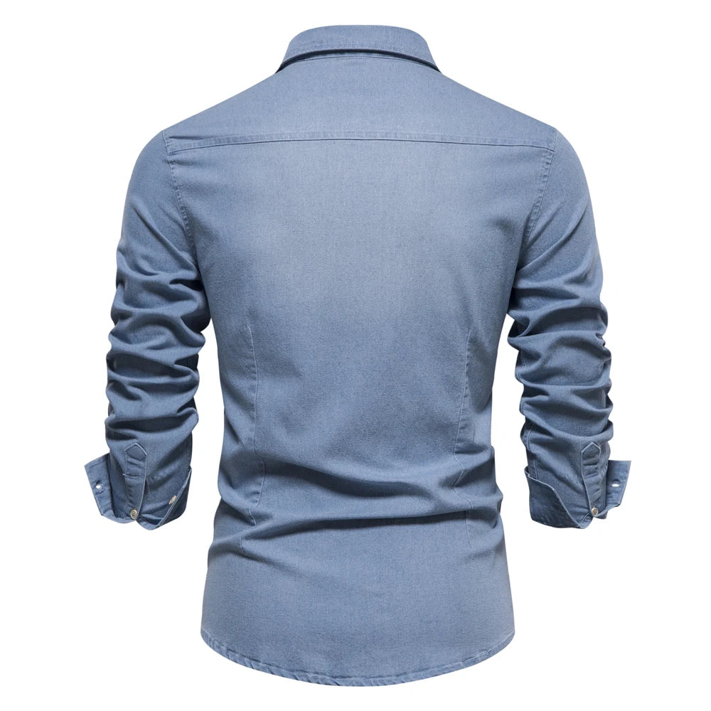 Slim Fit Denimskjorte for Herre – Elastisk Bomull og Klassisk Cowboy-stil med Moderne Passform