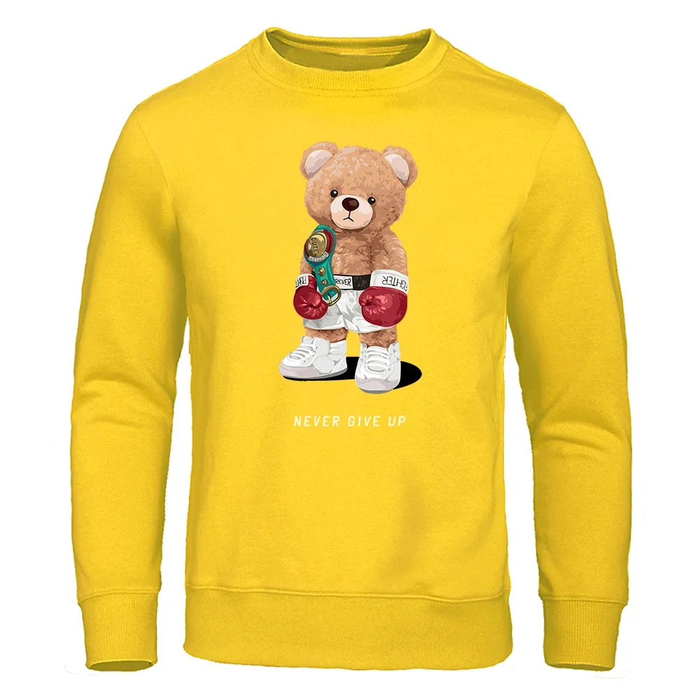 Herre Hoodie med Trykk – "Strong Boxer Teddy Bear" | Løs Passform & Streetwear Harajuku Stil