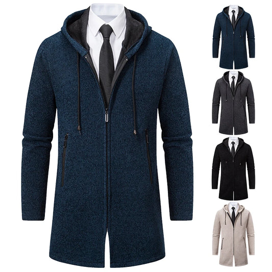Herre Lang Cardigan med Hette – Varm Vinterjakke i Fleece & Strikk | Koreansk Designerstil