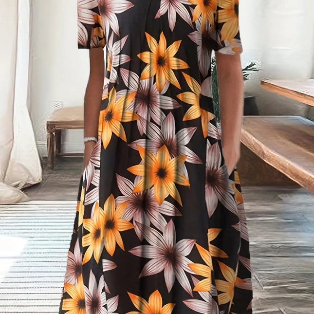 Elegant Sommerkjole med Vidt Skjørt – Rund Hals og Kort Erm med Blomsterprint (2024 Nyhet)