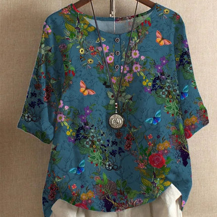 Etnisk Vintage-Print Bluse – Løs Passform, O-hals og Halvlange Ermer