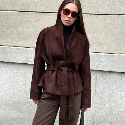 Retro Semsket Jakke for Dame – V-utringet Snørejakke i Semsket Look | Elegant Kontor- og Hverdagsjakke til Høst & Vinter 2025