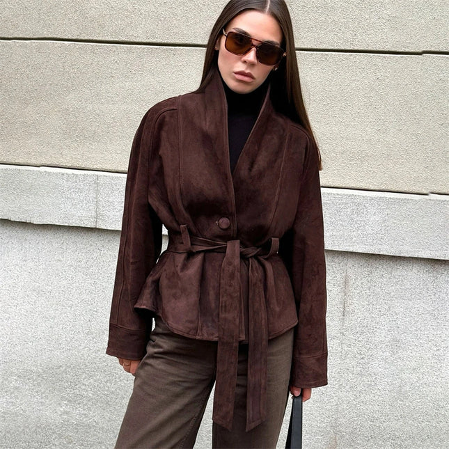 Retro Semsket Jakke for Dame – V-utringet Snørejakke i Semsket Look | Elegant Kontor- og Hverdagsjakke til Høst & Vinter 2025