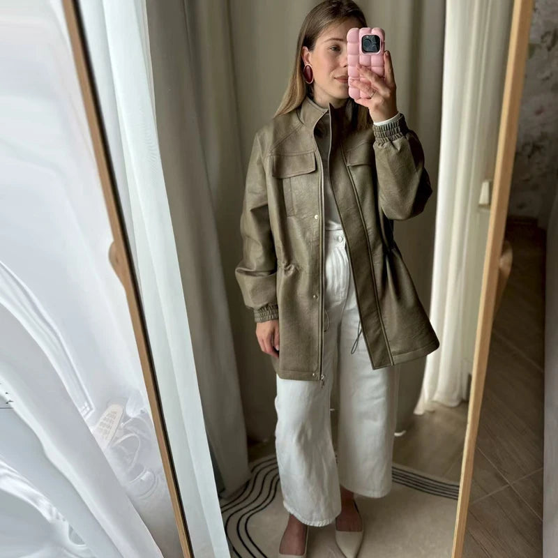 Kunstskinnjakke for Dame – Justerbar Midje & Elegant Design | Trendy Høstjakke 2025