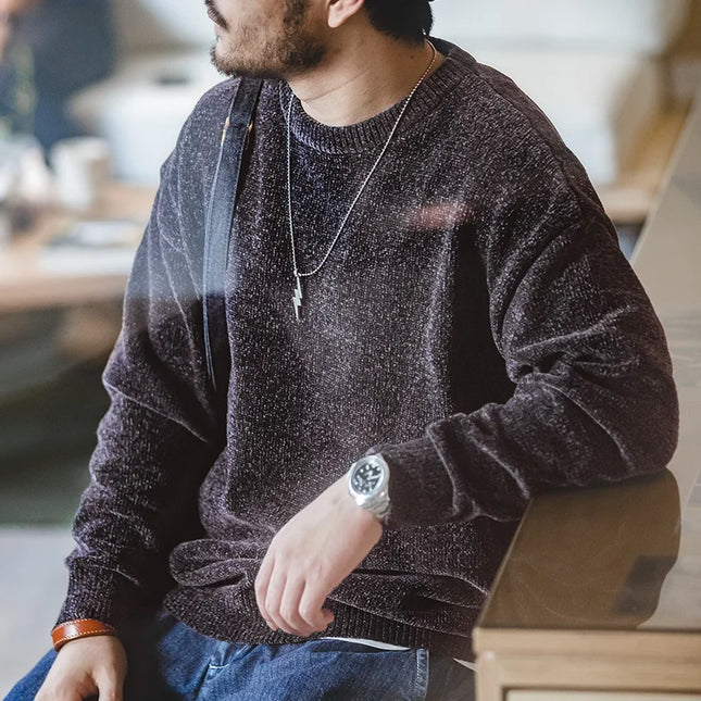 Herre Genser i Myk Chenille – Rund Hals, Ensfarget & Varm Strikkegenser | Høst & Vinter