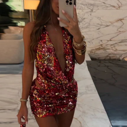 Fargerikt Paljettsett – Halterneck Toppløs Vest & Bodycon Miniskjørt