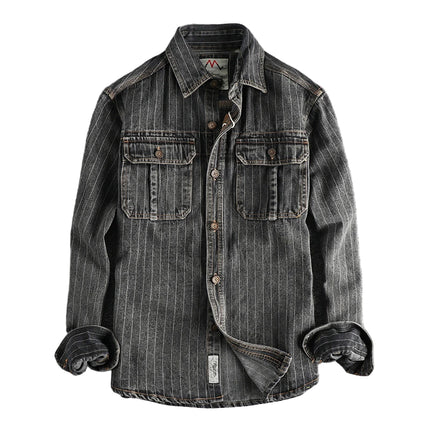 Britisk Retro Denimskjorte for Menn – Tung Sort/Grå Stripet Skjortejakke med Lomme | Klassisk Høststil