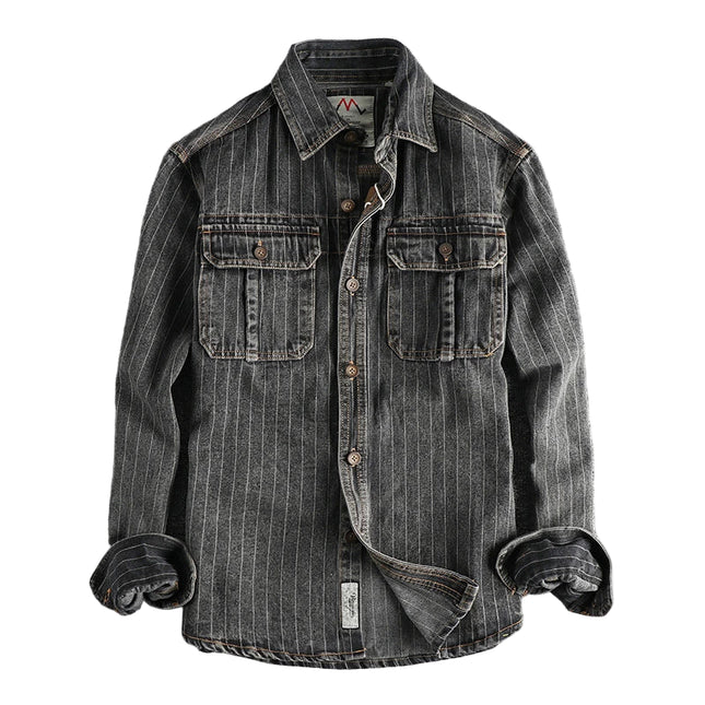 Britisk Retro Denimskjorte for Menn – Tung Sort/Grå Stripet Skjortejakke med Lomme | Klassisk Høststil