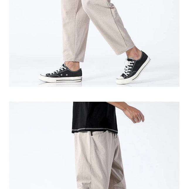 Trendy Herrebukser i 100% Bomull – Japanskinspirert, Løs Passform og Cropped Lengde (opptil 5XL)