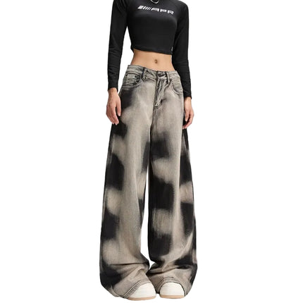 Vintage grå baggy jeans – Y2K tie-dye (dame)