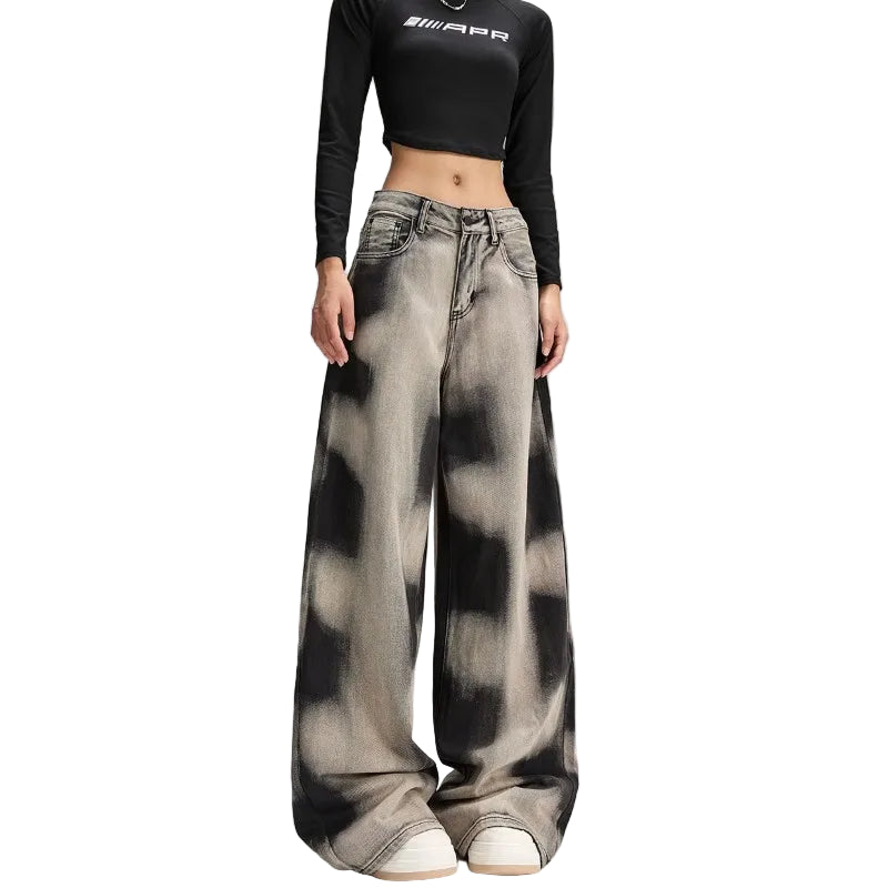 Vintage grå baggy jeans – Y2K tie-dye (dame)