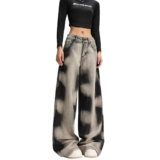 Vintage grå baggy jeans – Y2K tie-dye (dame)