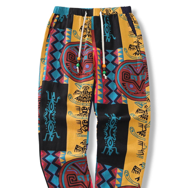 Boho Linbukser for Herre – Lettere Sommerbukser med Tribal Print & Snor i Midjen | Komfortable Joggebukser i Bomullsblanding