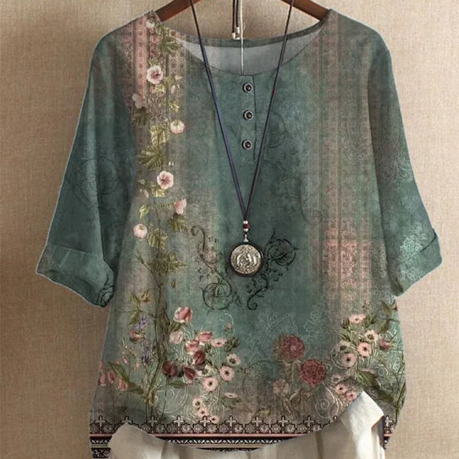 Etnisk Vintage-Print Bluse – Løs Passform, O-hals og Halvlange Ermer