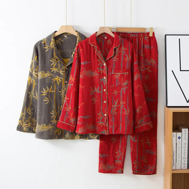 Par-Pysjamas i Bomullsmusselin (Dobbel Gasbind) – 2-delt Sett med Tynn Langermet Topp + Bukse | Vår/Sommer Loungewear