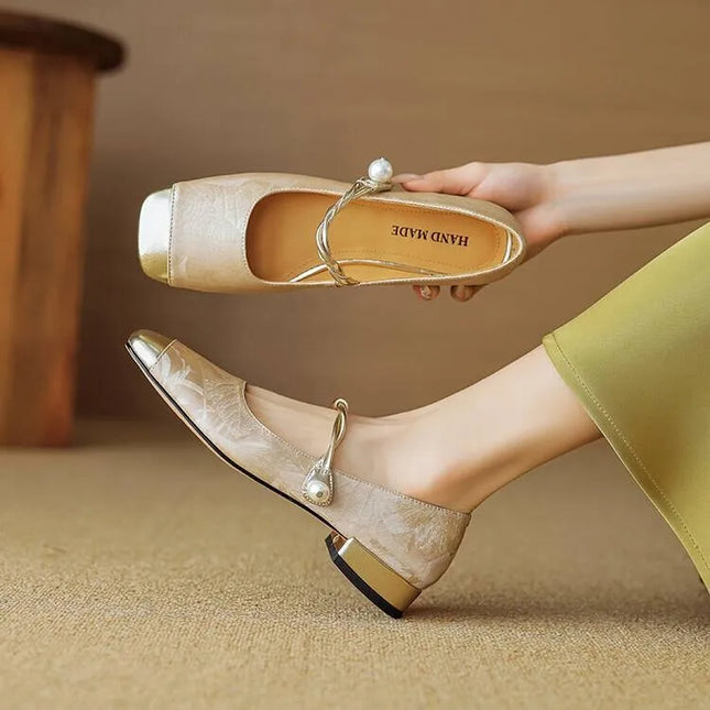 Retro Ballett Flats for Dame – Elegant Mary Jane-stil med Kvadratisk Tå