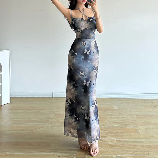 Sommerkjole med Sommerfugltrykk – Ermeløs Maxikjole med Stropper