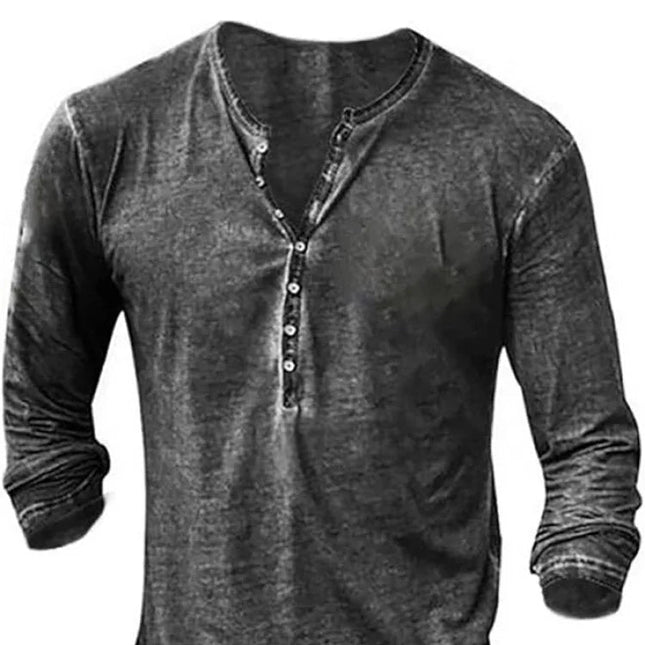 Vintage Henley Langermet T-skjorte for Menn – Vasket Retro Stil med Knappelukking | Komfortabel og Avslappet Hverdagsgenser