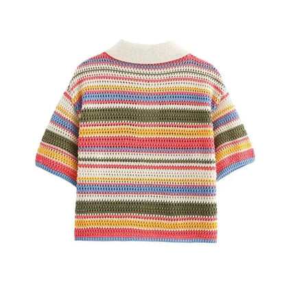 Stripet heklet cropped genser – polokrage, kort erm (dame)