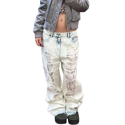 Lyseblå Ripped Jeans for Dame – Høyt Liv & Løs Passform | Vintage Straight Fit Denim i Y2K Street-stil