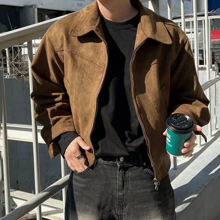 Elegant Brun Herrejakke – Vintage Kort Jakke med Glidelås og Løs Passform