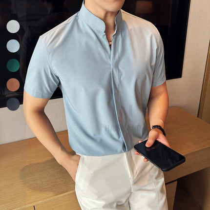 Kortermet Herreskjorte med Ståkrage – Elegant V-hals Skjorte i Stretchy Stoff | Lett og Stilren Skjorte til Kontor og Sommer