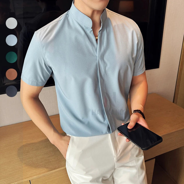 Kortermet Herreskjorte med Ståkrage – Elegant V-hals Skjorte i Stretchy Stoff | Lett og Stilren Skjorte til Kontor og Sommer