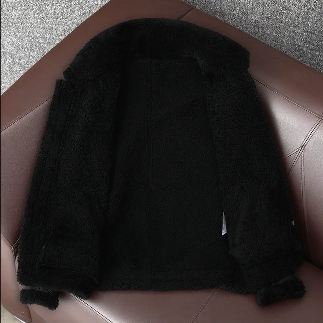 Herre Skinnjakke i Ekte Lammeskinn – Vinter Pilotjakke med Ullfôr | Klassisk Bomber med Naturlig Pelskrage