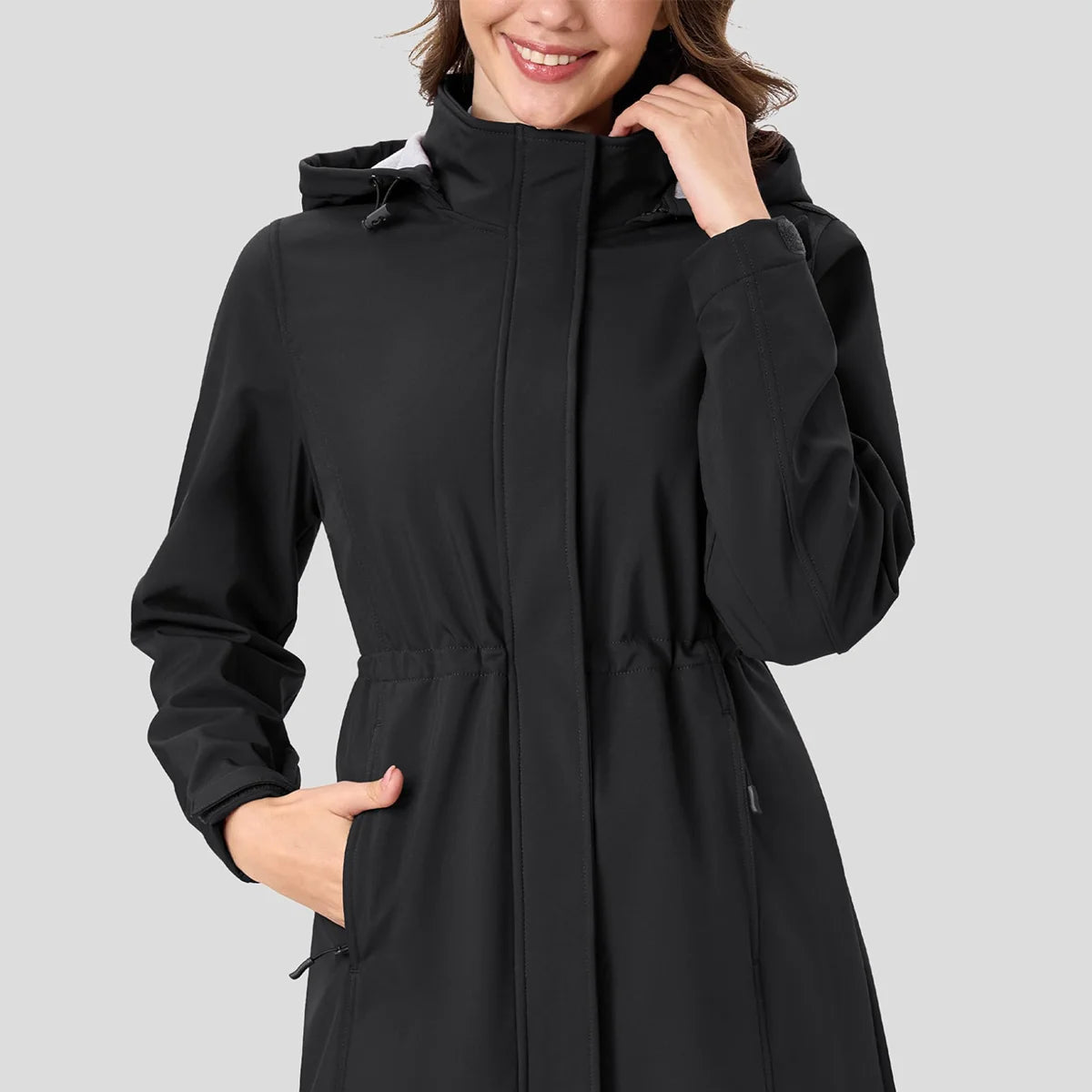 Dame Lang Softshell Jakke med Hette – Vanntett & Vindtett | Fleecefôret Parkas til Tur & Hverdag