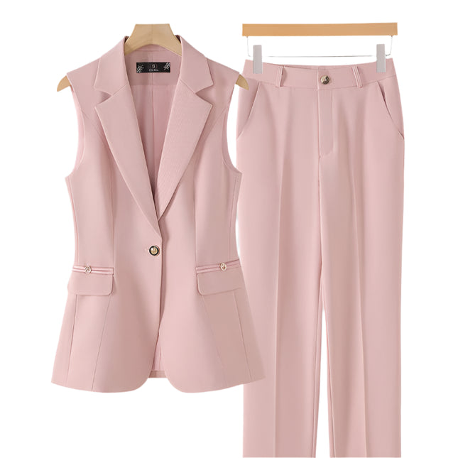 Damebuksedress i 2 Deler – Formell Vest og Bukse til Kontor og Business (Khaki, Rosa, Svart)