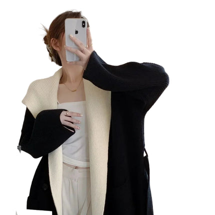 Lang Strikkecardigan mit Hette – Løs Passform & Double Knapperekker | Varmer und trendiger Ulzzang-Stil