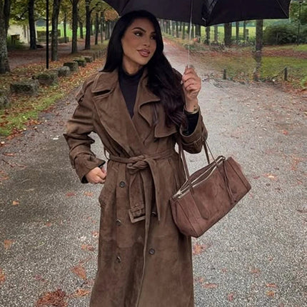 Lang Semsket Frakk for Dame – Eleganter doppelter Jakke mit Belte | Vintage-Stil für Herbst und Winter 2025