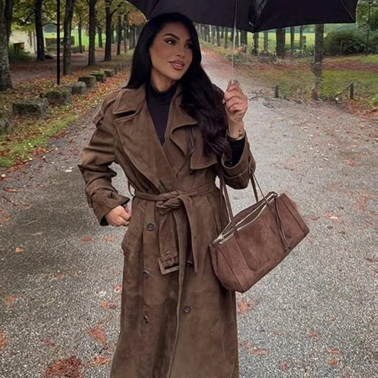 Lang Semsket Frakk for Dame – Elegant Dobbeltspent Jakke med Belte | Vintage Stil til Høst og Vinter 2025