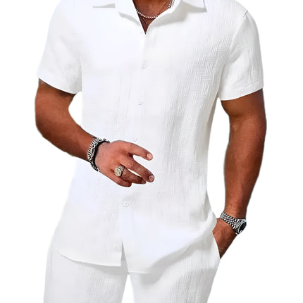 Sommerens Nyhet 2025 – Herresett med Skjorte og Shorts | Avslappet To-delt Antrekk med Jacquard og Snøring