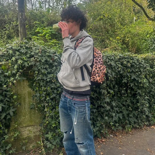 Y2K Grå Hettegenser med Røykprint – Unisex Retro Hoodie | Løs Passform, Vintage Streetwear & Hip Hop Stil