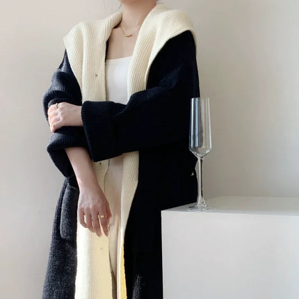 Lang Strikkecardigan mit Hette – Løs Passform & Double Knapperekker | Varmer und trendiger Ulzzang-Stil