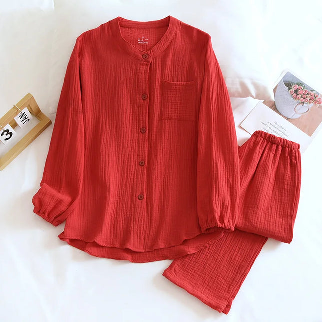 Unisex Pysjamasett i Bomull (Yarn Crepe) – 2-delt Sett med Langermet Rundhalset Topp + Bukse | Ensfarget Hjemmesett