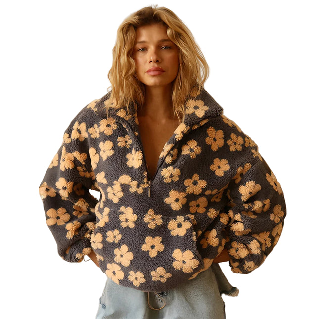 Blomstrete Fuskepels Hettejakke for Dame – Myk, Løs & Varm Teddyjakke | Perfekt til Høst og Vinter