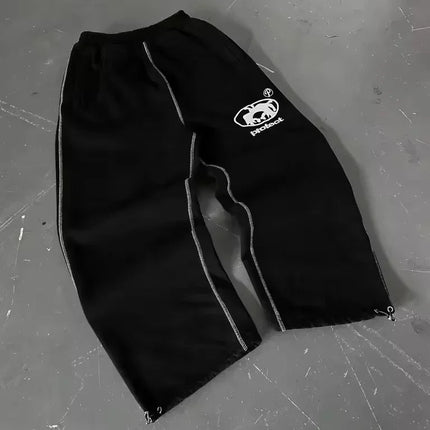 Y2K Joggebukse – Grå Brodert Streetwear | Unisex Retro Hip Hop Sweatpants